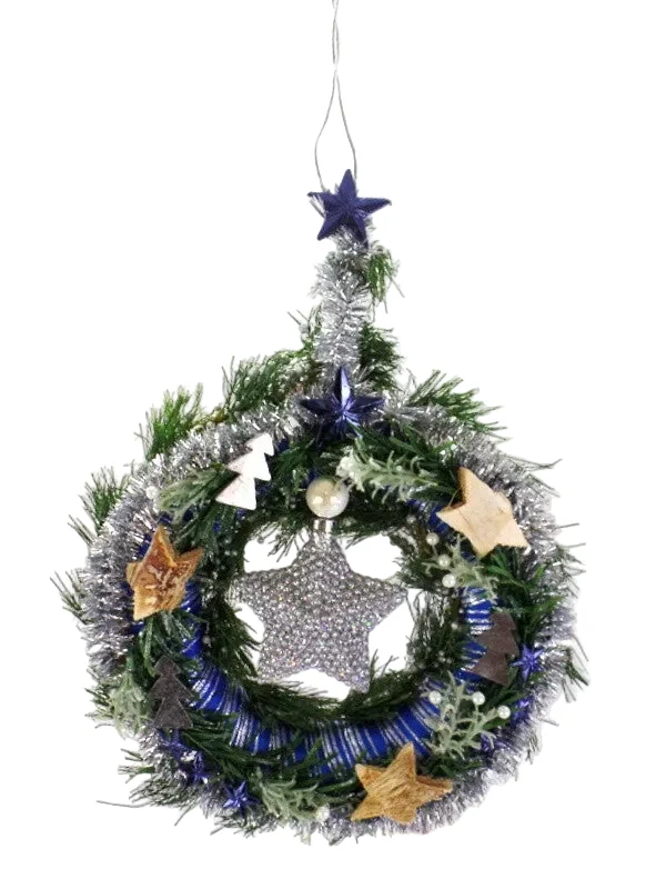 TÜRKRANZ BLAU SILBER Wandkranz Stern künstlich 25 cm Sterne Tannenbäume – Bild 5