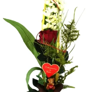 STRAUß ROTE ROSE Wildlotus Bärchenfigur Valentinstecker Kunstblumen 50 cm