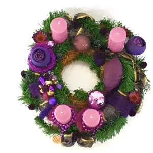 ADVENTSKRANZ künstliche Tanne 40 cm Lila Gold Kerzen Kugeln Sterne Advent