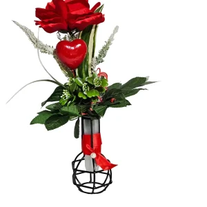 KÜNSTLICHER STRAUß rote Rose Herz Metallvase Röhrchen Dekoration Geschenk